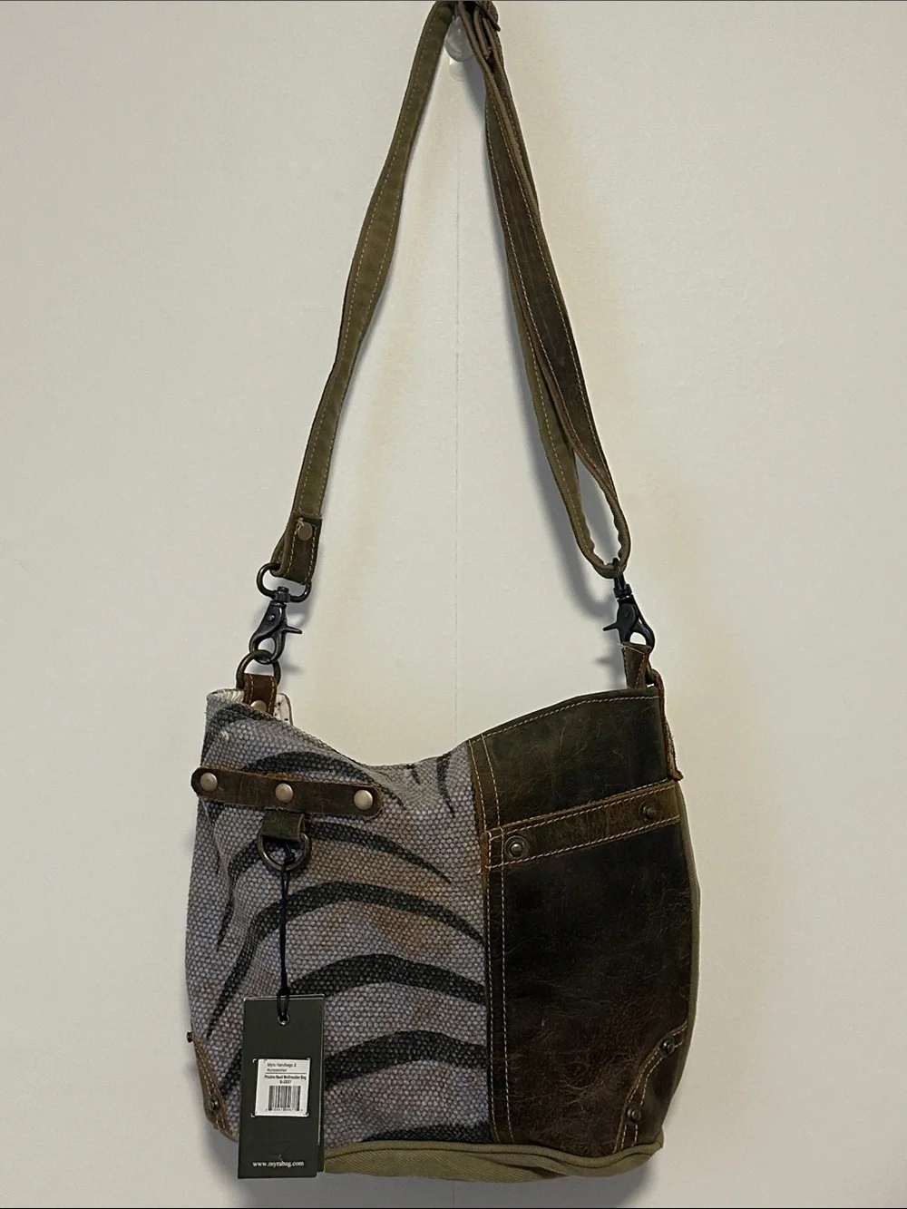 NWT Myra Bag Olive Green and Brown Canvas-Leather “Pristine Need Me”Shoulder Bag